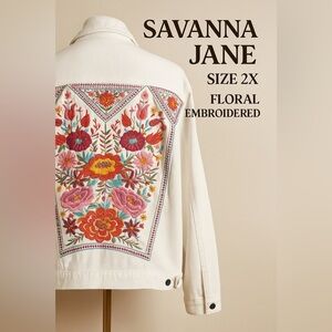 Savanna Jane White Denim Jacket – 2X – Colorful Floral Embroidered